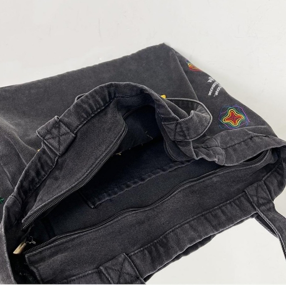 Oversized Denim Smoke Grey Embroidered  Canvas Bag Messager Bag with Zipper - Picture 5 of 13